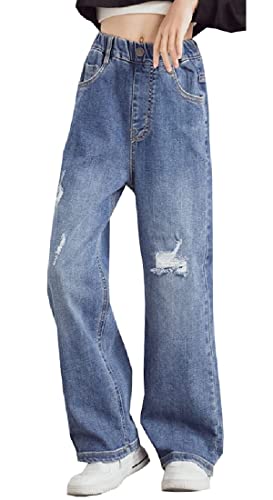 Sangtree Girls Ripped Jeans Kids Elastic Waist Wide Leg Jeans Distressed Denim Pants Baggy Ripped Jeans For Girls Blue, 11-12 Years= Tag 160 #TOP4