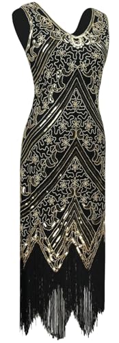 1920s Gatsby Sequin Fringed Paisley Flapper Dress with 20s Accessories Set (M, Style Snow Grey)