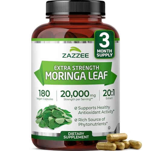Zazzee Organic Moringa 20:1 Extract, 20,000 mg Strength, 180 Vegan Capsules, 100% Pure Oleifera Leaf...