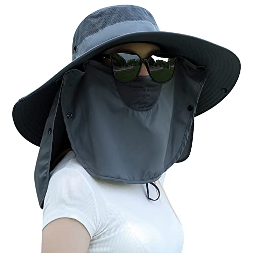 Image of Women Wide Brim Face Mask Sun Hat Detachable Neck Face Flap Ponytail UV Protection Visor Hat Garden Fishing Hiking