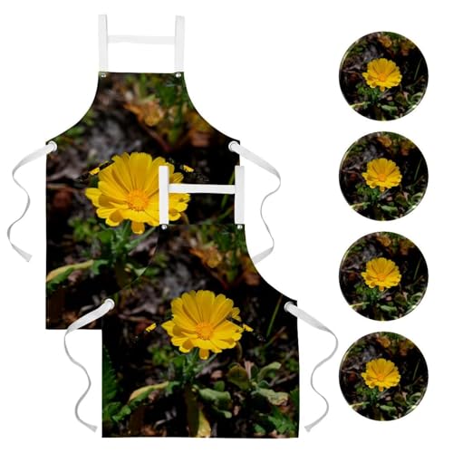 Tablier de cuisine lot de 2 style fleur jaune pour restaurant