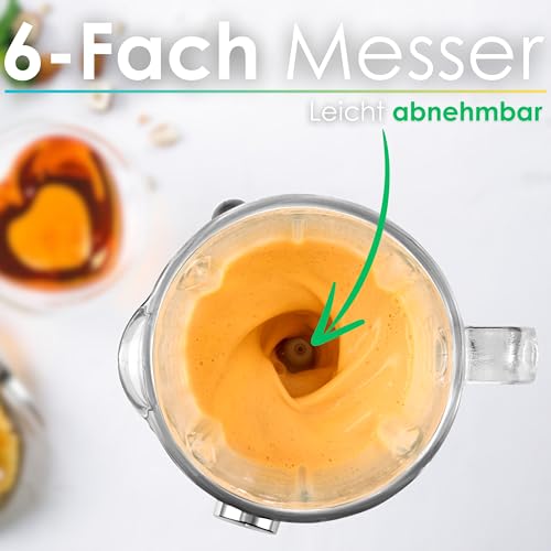 Standmixer Glas Edelstahl 1,5 Liter Glasbehälter 6-Fach Edelstahl Messer Pulsfunktion Universal Power Mixer Eiweiß Shaker Hand Blender Ice Crusher Zerkleinerer Smoothie Maker 600 Watt – Bild 6