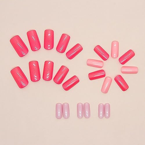 Hot Pink Press on Nails Medium Square SWEKKE Summer Fake Nails Flash Pink Full Cover False Nails with Nail Glue Glitter Glossy Glue on Nails Acrylic Nails Artificial Nails for Women Girls 24Pcs - Image 3