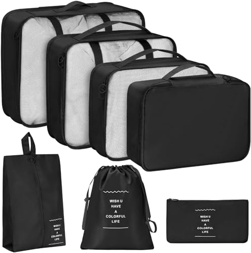 Image of Storite Travel Packing Cubes Set of 7 for Luggage, Lightweight Suitcase Organizer Bags for Clothes, Laundry, Toiletry & Shoes, Durable Polyester Travel Organizers (Black)