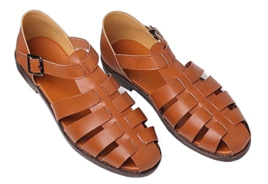 Men's Leather Hollow Flat Fisherman Sandals with Buckle Comfortable Round Toe Breathable Low Heel Non-slip Roman Sandals for Leisure, Work, Driving (Brown,10)