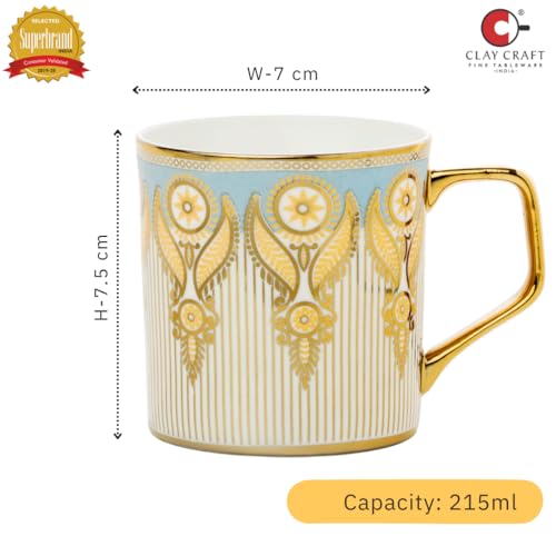 Image of Clay Craft Premium Ceramic Tea & Coffee Mugs Set of 6 - Blue & Gold Printed Designer Cups with Golden Handle | Elegant Striped Pattern | Ideal for Home, Office & Gifting