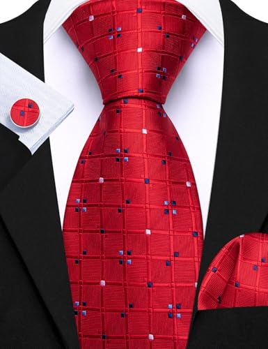Image of Barry.Wang Plaid Ties Check Mens Necktie Set with Handkerchief Cufflinks Classic Stripe