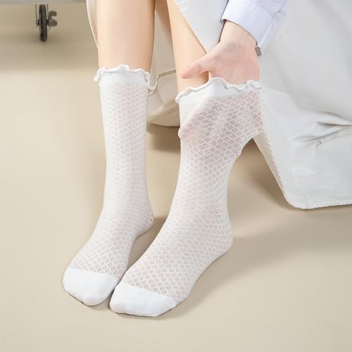 Heran 6 Pairs Lace Mesh Ankle Socks for Women, Sheer Ruffle Dress Frilly Crew Socks, Breathable Casual Cotton Stockings for Mary Jane Loafers Shoes, Cute Stockings for Girls Lady Woman(Black & White)3