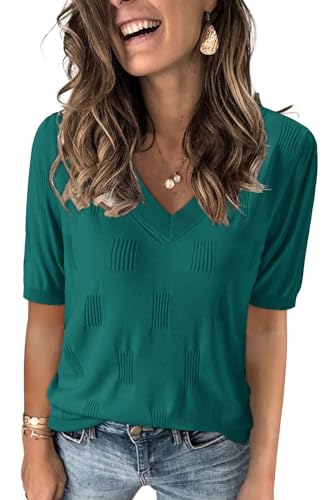 Image of Arach&Cloz Women's Lightweight Spring Summer Sweater Tops Casual Short Sleeve Blouses Shirts