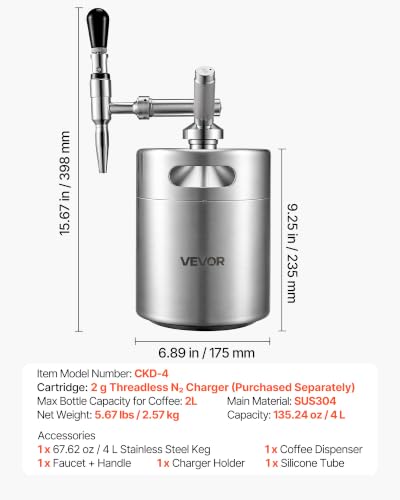 Image of VEVOR Nitro Cold Brew Coffee Maker 135 oz Nitrogen Dispenser System, Home Brew Coffee Keg, Portable Nitrogen Infuser with Dispenser and Pressure Relieving Valve, Gift for Coffee Lovers