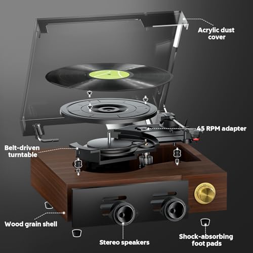Fydee Record Player, Vinyl Player With Speakers, Bluetooth Support, 33/45/78 Rpm Speed Switching And Rca Line Output, Red Walnut - 2