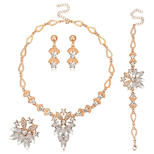 QKEPCY Joyería Juegos de Joyas para Mujeres Cristal Flores Conjunto de Gargantilla Niñas Conjuntos de Joyas de Boda con Collar Anillo Pendientes Pulsera Fiesta Cumpleaños Día de San Valentín (Plata) Cover