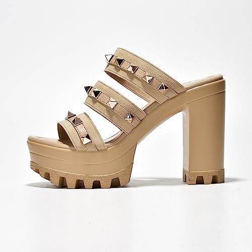 Cape Robbin Women's Spiky Platform Sandals - Slip-On Chunky Heels with Silver Stud Straps (Tinley) - Nude Size 93