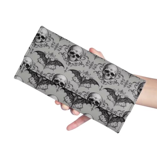 Image of AFPANQZ Womens Wallets Leather Clutch Long Wallet for Women Card Holder | Halloween Bat Skull Print Thin Ladies Credit Card Holder Purse, Cute Leather Bifold Clutch
