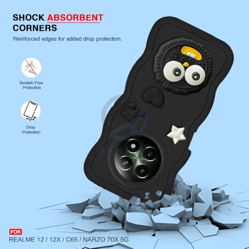 Image of AESTMO Back Case Cover for Realme 12 / 12X / C65 / Narzo 70X 3D Cute Fun Cartoon Characters | Anti Slip Grip Cute Wave Curly Frame Shape | Back Cover for Realme 12 / 12X / C65 / Narzo 70X (Black)