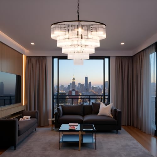 CHGUOSZ Modern Multi-Tier Crystal Chandelier 5-Tier Round Black Finish Ceiling