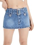 SweatyRocks Women's Casual Buckle Belted Jean Skirt Low Rise Mini Denim Skirts Medium Wash M