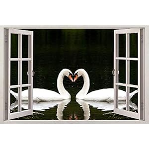 3D Effect Venster View Muurstickers Paar Zwanen Vinyl Decal Decor Home Decor Chilren Kamer Decoratie Muur Art-60x90cm_
