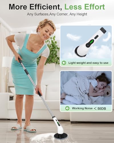 Electric Spin Scrubber, Cordless Cleaning Brush, Shower Scrubber IPX7 Waterproof Bathroom Scrubber, Adjustable Extension Handle, 9 Floor Machine Pads 2H Power Dual Speed for Floor Carpet Car Cleaning - Thumbnail 6