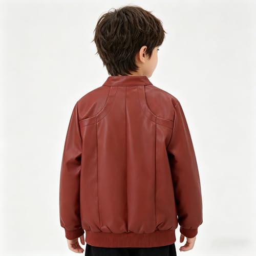 Image of Boys Trendy Stand Collar PU Leather Moto Jacket - Winter Warm Lined Coat with Zipper Closure for Kids (Age 3-12)