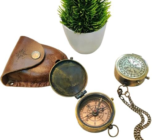 Vintage Antique Style Solid Brass Engraved Nordic CompassLeather Box Lightwaited Compass for Home & Office Decor and for Gifts
