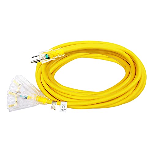 Ep 50 Ft Lighted Outdoor Extension Cord With 3 Electrical Power Outlets - 14/3 Sjtw Heavy Duty Yellow Extension Cable With 3 Prong Grounded Plug - Power Cord For Lawn, Garden, Appliances #TOP7