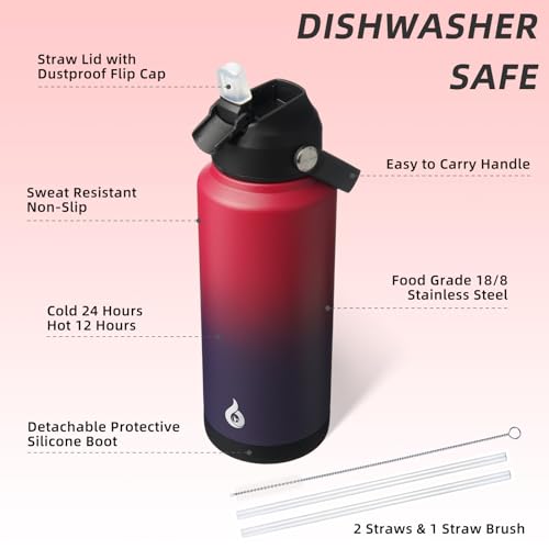 Image of BJPKPK Water Bottle with Straw Lid, 32oz Vacuum Insulated Water Bottles, Metal Stainless Steel Thermo for Sports, Travel, BPA Free Leak Proof Thermo, Cups, Flasks, Tumblers,Charming Red