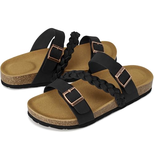 Image of HARENCE Flat Sandals for Women 2026 Comfort Cork Footbed with Adjustable Buckle Summer Slides for Women for Vacation Walking