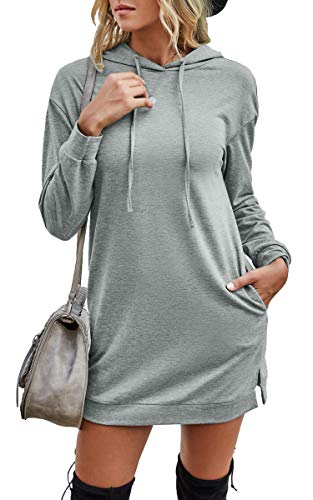 ECOWISH Womens Hooded Sweatshirts Dress Winter Casual Tunic Drawstring Long Sleeve Patchwork Pullover Tops with Pockets Light Gray Medium