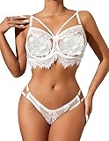 Picture of Lilosy Sexy Underwire Strappy Eyelash Floral Lace Sheer Lingerie Set for Women See Through Bra and Panty 2 Piece White Medium