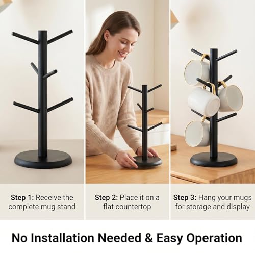 VANTOBEST Black Mug Holder Tree Stand - Organise Your Coffee Cups with 6 Hooks for Countertop Storage and Display - Image 5