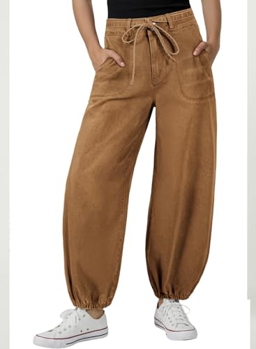 Sidefeel Jeans for Women High Waisted Wide Leg Stretchy Baggy Barrel Jeans Drawstring Harem Loose Ankle Denim Joggers Brown Size 8 — view 4