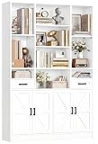 IRONCK Bücherregal Bücherschrank mit Türen & Schubladen, Regal Holz mit 10 verschiedengroße Fächern, Einstellbar Hochschrank Vitrinenschrank Standregal Wohnzimmer Büro Schlafzimmer 108x30x190cm Weiß
