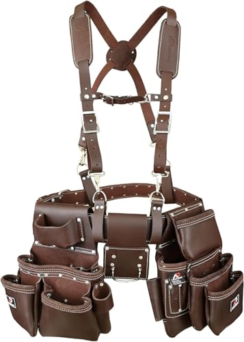AP-LEATHER PRO-19 100% Genuine Full Grain Leather Tool Belt/Pouch/Bag, tool belt with suspenders, Comfort Back Support Tool Pouches With Suspenders (Chocolate Brown)