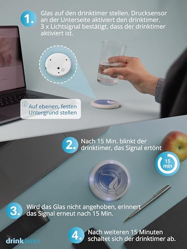 Trinkerinnerung drinktimer 2.0 – Achtsamkeit Trink Coach – Mehr Wasser trinken Alarm – Hilfe für bessere Flüssigkeitszufuhr – Ausreichend trinken hilft gegen Müdigkeit, Kopfschmerzen und Stress