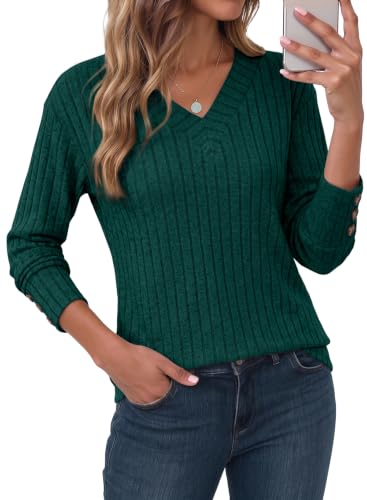 Image of Dokotoo Womens Tops V Neck Lightweight Sweater Fall Long Sleeve Top 2026 | Decorative Buttons, Soft Breathable Knit Material, Pullover Tunic Tops, Business Casual, Fall Outfits, Winter Clothing 2026