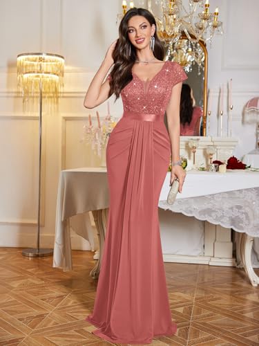 Image of Miusol Women's Deep V-Neck Lace Sequin Pleated Evening Formal Maxi Dress