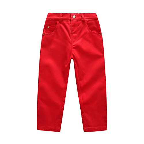 Fineser Toddler Littler Boys' Uniform Flat Front Pant Solid Trousers with Pockets (Red, 5T)