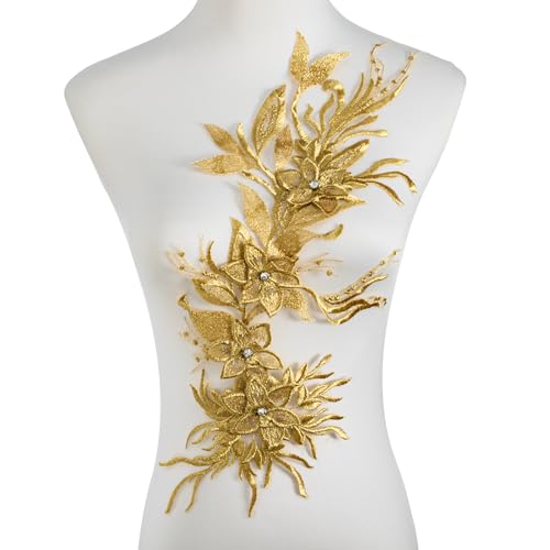 Silvora Phoenix Peacock Feather Tail Fabric Beaded Lace Applique 3D Embroidered Flower Fabric Patch for Bridal Dress Handmade Sewing Tool for Wedding DIY Crafts(Gold)