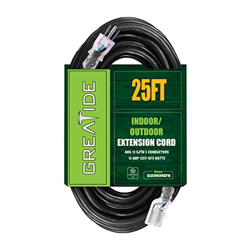 Greatide 25 Ft Lighted Outdoor Extension Cord For Christmas Decorations- 12/3 Sjtw Heavy Duty Black Extension Cable With 3 Prong Grounded Plug - 15 Amp Power Cord For Lawn, Garden, Appliances #TOP2
