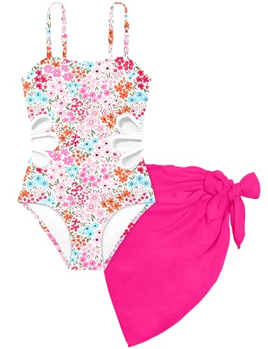 Image of Girls Swimsuit Adjustable Straps Cut Out One Piece Bathing Suit with Solid Color Cover Up Skirt Girls' Swimwear 5-16Y