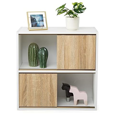 Meerveil Librería con Puerta corredera, 60x30x61cm Blanco y Roble Cover