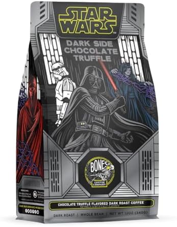 Bones Coffee Company Star Wars Dark Side Chocolate Truffle Flavored Coffee, Medium Roast Low Acid Arabica Beans Compatible with Auto drip and French Press Coffee Maker, 12 Oz Whole Bean
