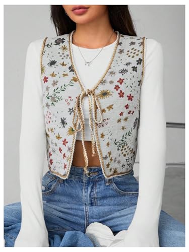 SweatyRocks Women's Floral Print Vest Tie Front V Neck Sleeveless Crop Vest Outerwear4