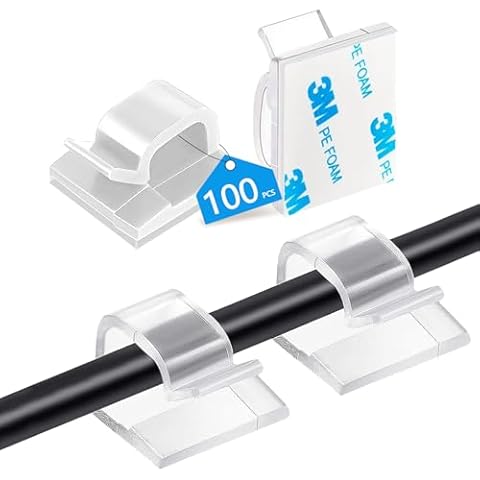Abnii 100PCS Cable Clips, Adhesive Wire Clips Organizer Cord Clips Management, Cable Staples Outdoor Strong for Wall, Desk, Christmas Lights, String Lights, TV PC Ethernet Cable, Clear Small Cover