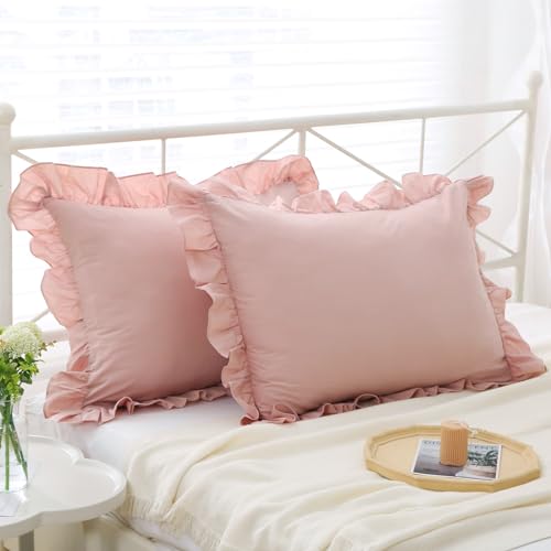 Mywinlle Ruffle Pillowcases Farmhouse Pillow Shams Standard Set Of 2,Shabby Dusty Pink Ruffled Pillow Caseswashed Cotton Pillow Cover -20 Inchx26 Inch thumb #1