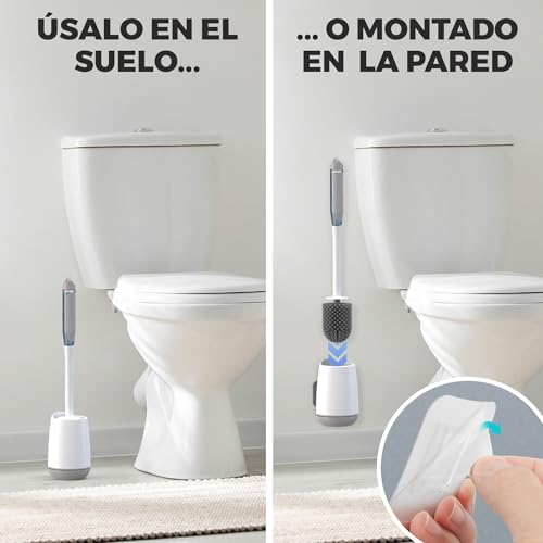 Escobilla Baño con Dispensador Jabon - Escobilla Recargable Inodoro - Escobillas de Baño de Silicona Rellenable de Jabón - Escobillero de Suelo o Pared con Soportes Adhesivos y Bandeja Extraíble Gris
