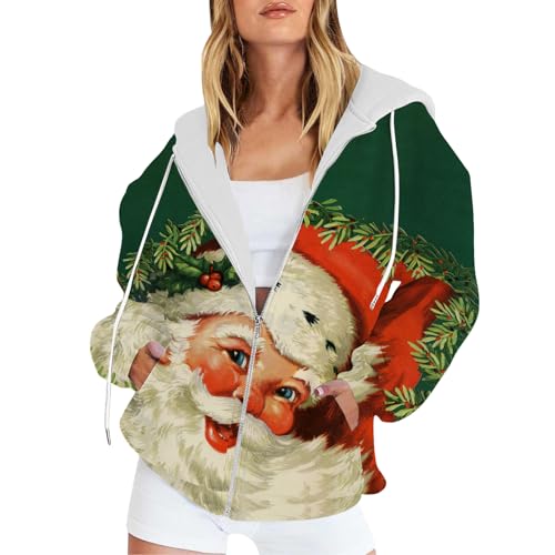Women Christmas Hoodies Fashion Casual Jacket Xmas Zip Up Coat Long Sleeve Pullover Top with Pocket Fall Coat