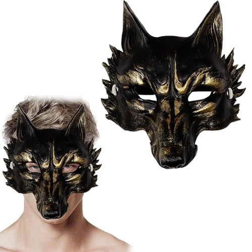 GUOYOU Máscara lobo máscara terror máscaras Halloween acessórios disfarce homem lobo adulto máscaras para crianças Halloween máscaras realistas para carnaval cosplay festas (ouro preto)