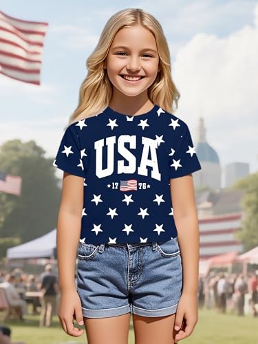 Image of VVNTY Girls American Flag Crop Tops Kids USA Crop Shirt Patriotic 4th of July Tops 5-14 Years